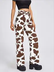 2022 New Cow Print Loose Straight Fashion High Waist Casual Pants Women's Clothing