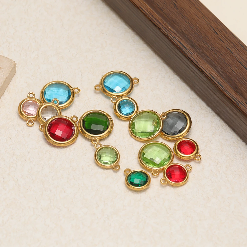 5Pcs Stainless Steel Round Faceted Glass Pendants Connectors Bulk DIY Women Jewelry Findings for Earrings Necklace Charms Making