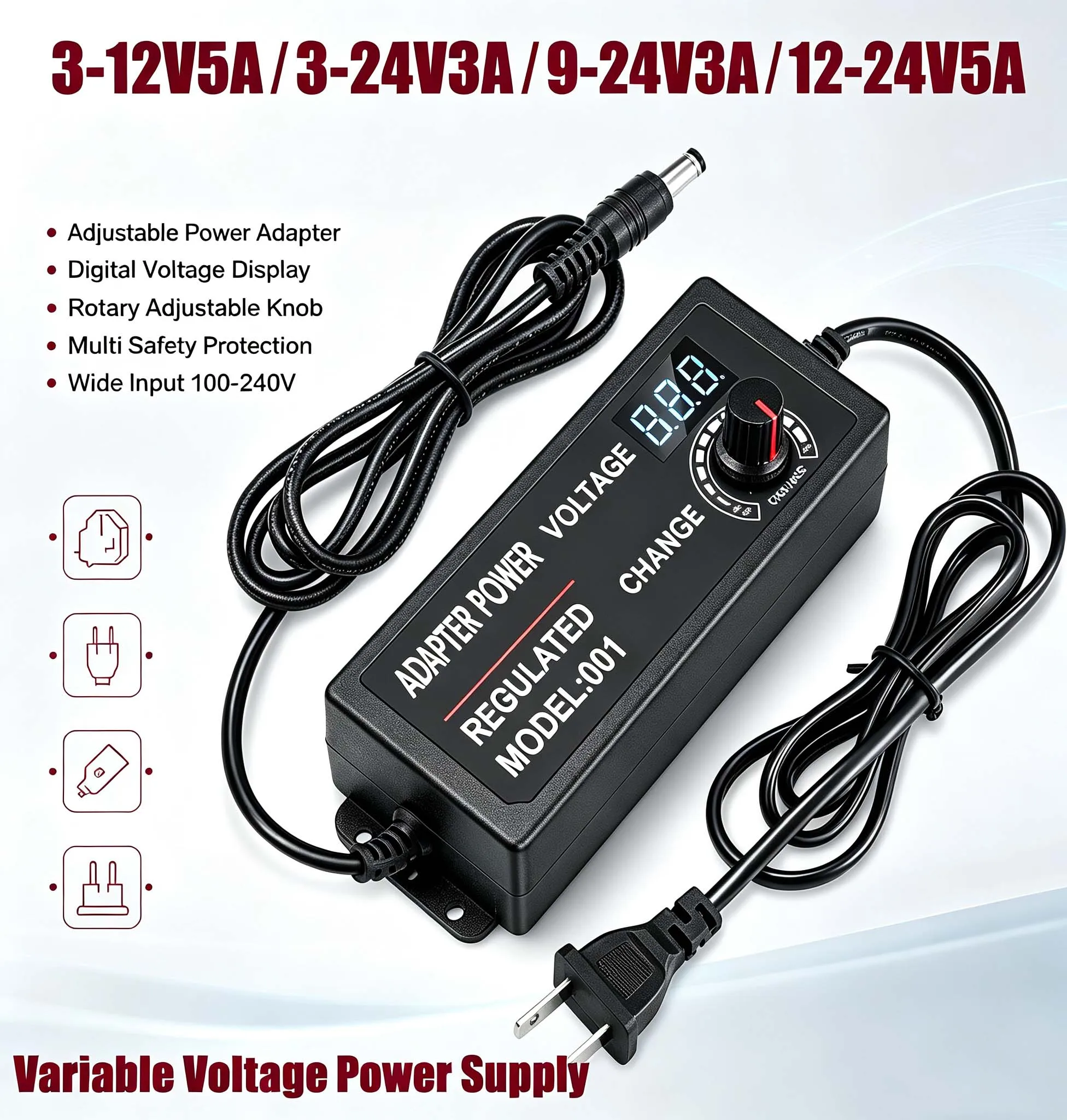 Adjustable AC/DC Switching Regulated LED Power Supply Converter with LED Display Dc 3V 9V 24V 12V 3A 5A For LED Strip EU US Plug