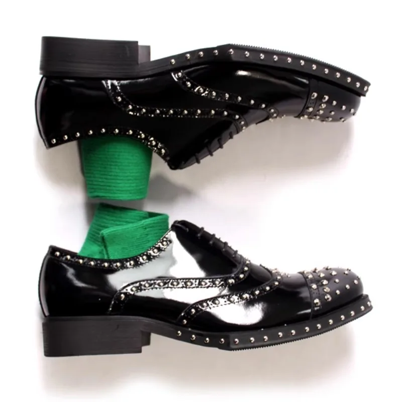 Studded Black Cow Leather Men Oxford Shoes Punk Rock Lace-Up Dress Footwear Street Party Brogue Shoes