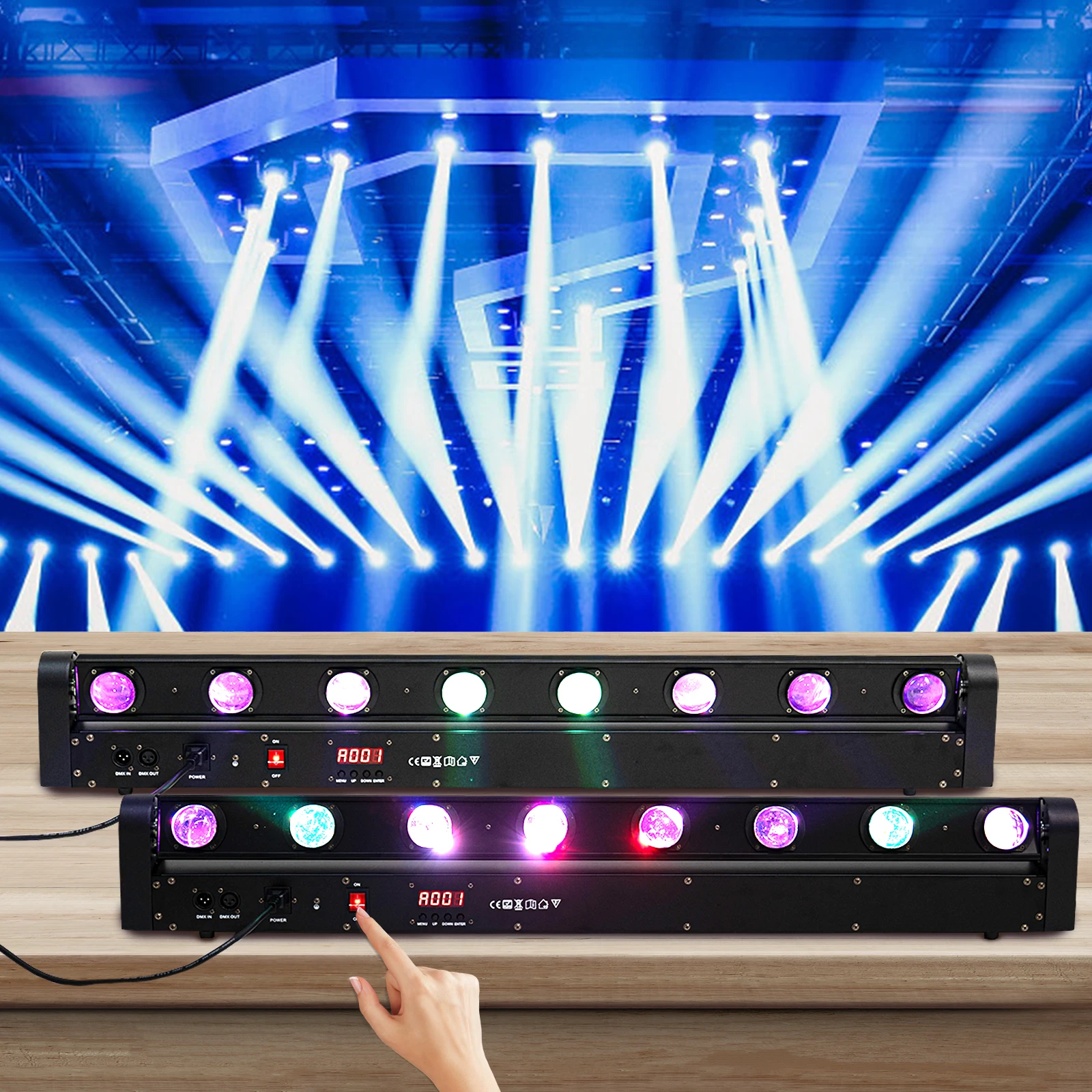 2PCS Moving Head Lights 8x LED Stage Lights with 180° Scanning Angle, DMX512 & Sound-Activated Control for Parties Weddings Clubs, Black