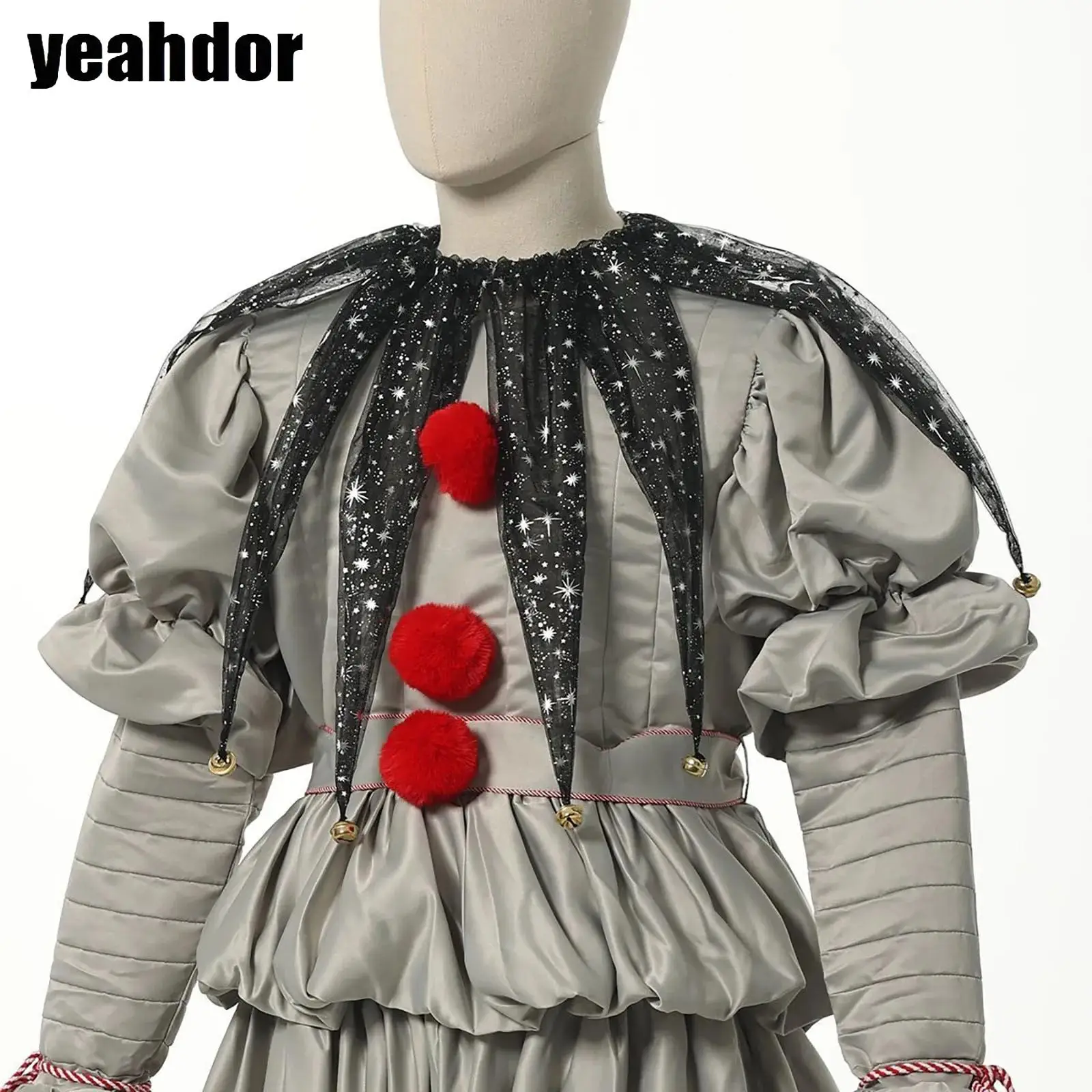 

Christmas Clown Costume Vintage Mesh Neck Ruffle Collar Pointed Clown Collar with Jingle Bell Decor Halloween Cosplay Accessorie