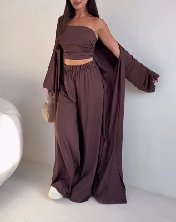 سترة صوفية طويلة بلون سادة وقميص بدون أكمام كاجوال بدون حمالات مع خصر عالي وسراويل واسعة الساق، طقم عصري مكون من 3 قطع