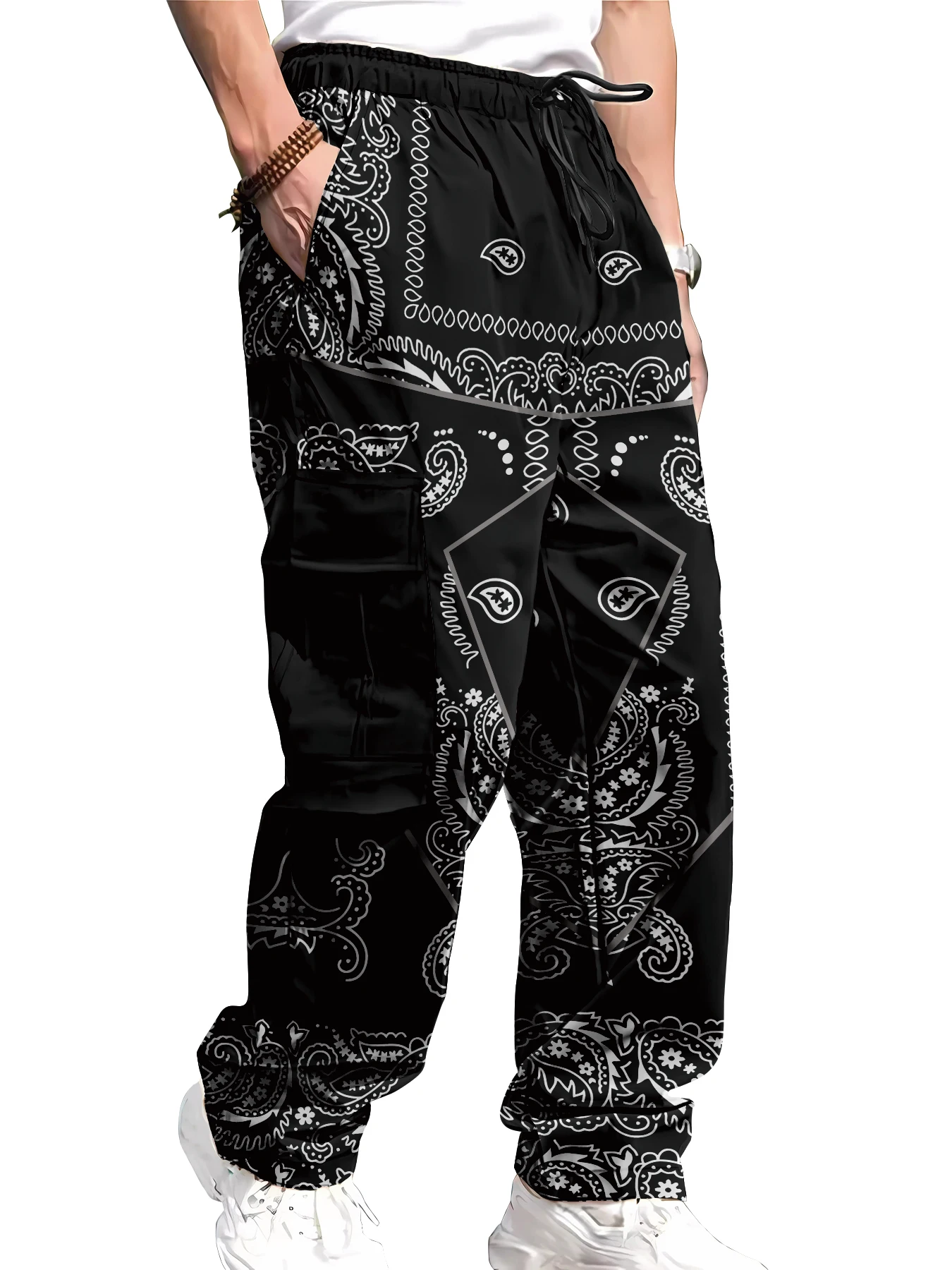 Ruffian Handsome Men's Red Cashew Flower Overalls Tied Feet and Multiple Pockets Daily Outdoor Versatile Casual Pants