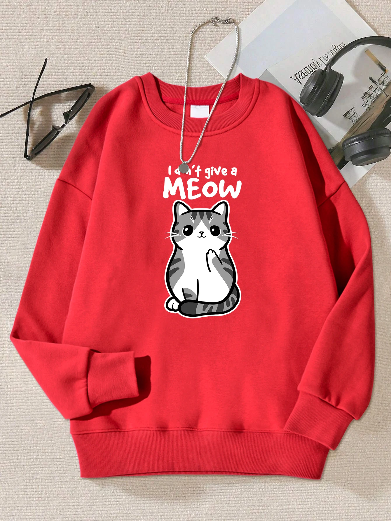 Meow Cute Cats Cartoon Prints Woman Sweatshirt Casual Loose Sportswear Korean Hip Hop Pullovers Fur-Liner All-Match Clothing