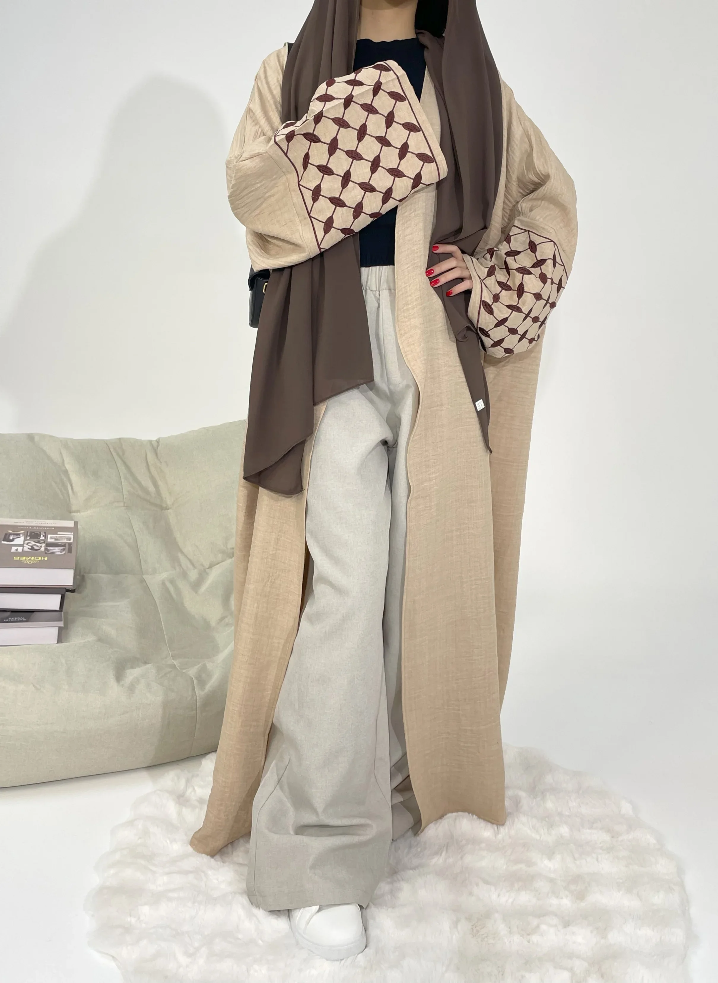 Classic Solid Color Elegant Casual Dignified Humble Simple Long Abaya Shawl, Embroidered Cuffs For Daily Life