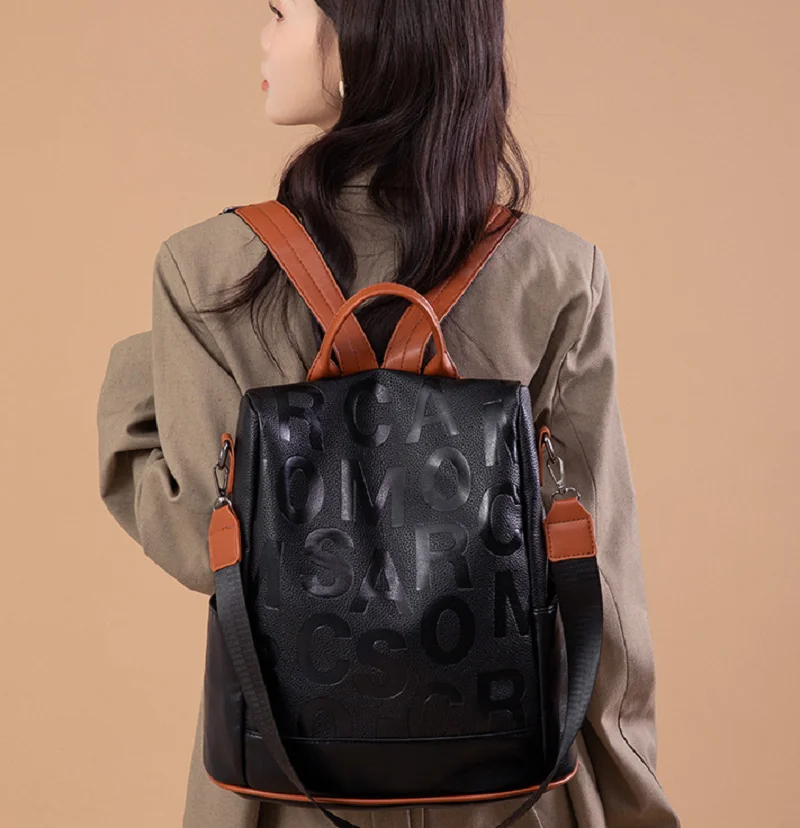 Korean Luxury Fashion Letter Designer Anti Theft Travel Backpacks Women's Large Capacity Shoulder Bags Leather School Backpack