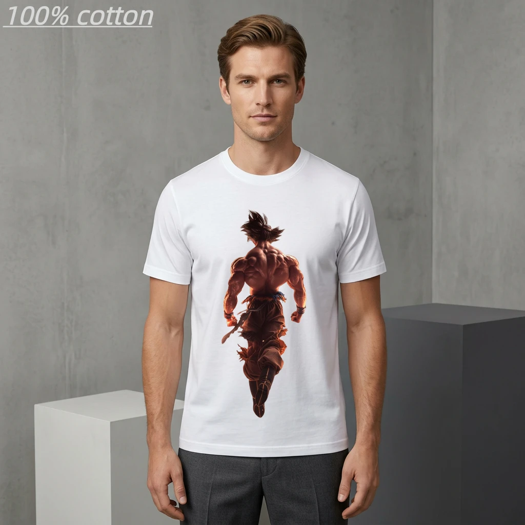 

Men's Summer 100% Cotton Anime T - Shirt, Casual Streetwear Dragon Ball Son Goku 3D Realistic Back View Muscle Render Orange