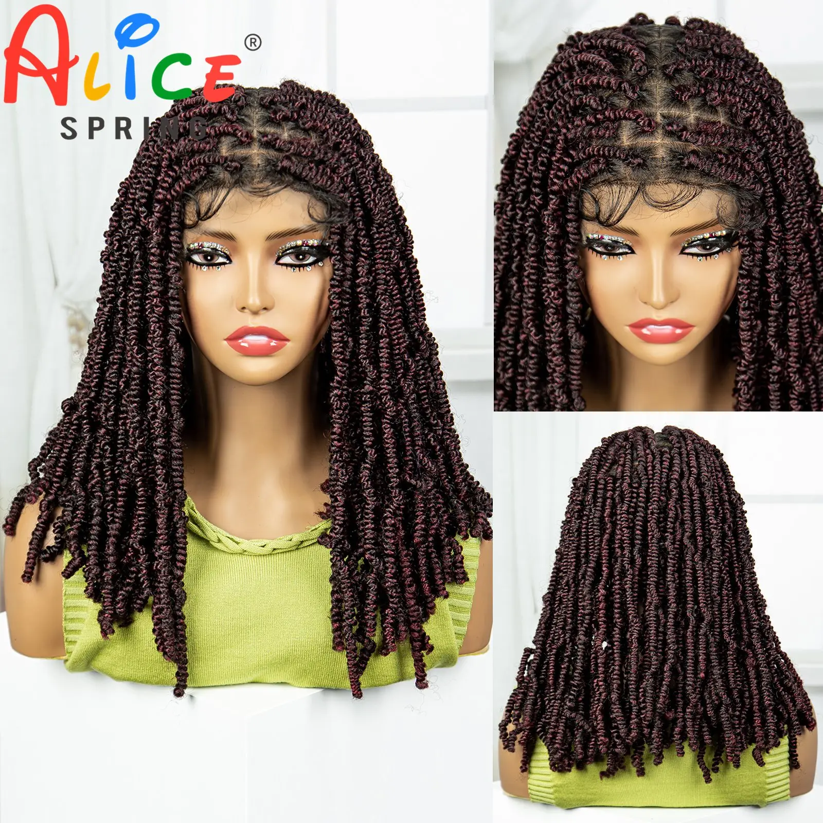 Spring Twist Burgundy Braided Wigs Synthetic Full Lace Passion Twist Crochet Braids Wig for Women Kontless Box Braiding Hair Wig