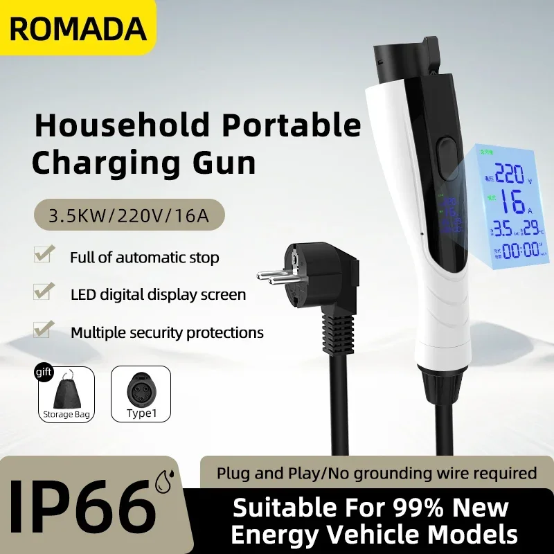 ROMADA 3.5KW 16A Type1 SAE J1772 EU plug EV Portable Charger 3M-10M Cable EVSE EU Plug Wallbox Adapter For Electric Vehicle ﻿