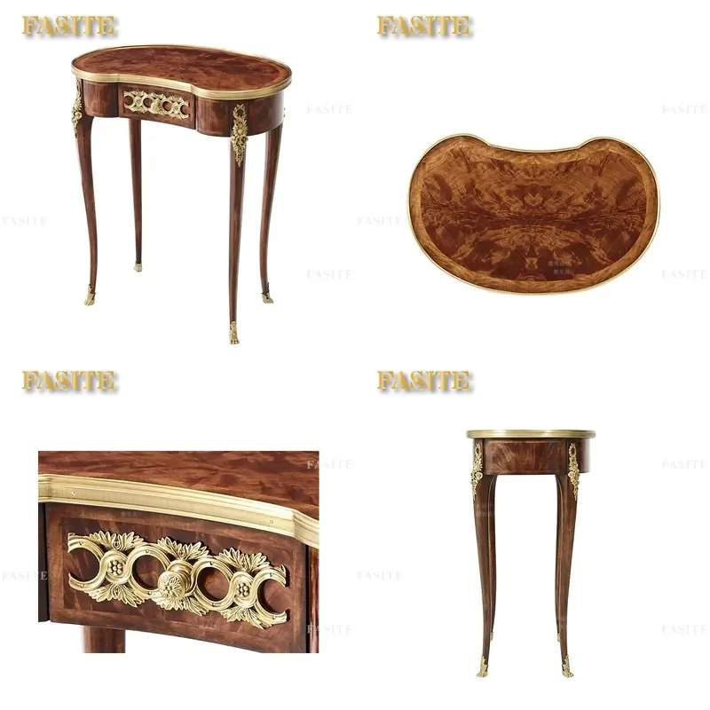 For European Villa Furniture Solid Wood Mahogany British Neoclassical Flower Carved Copper Edge Small Special Shaped Court