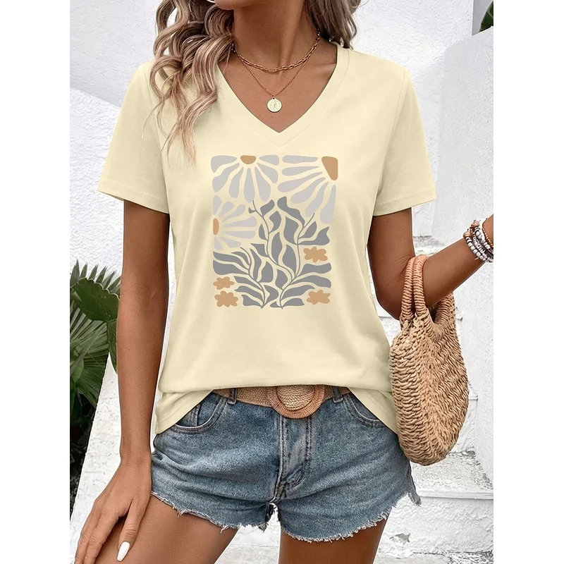 Women'S 100% Pure V-Neck Short-Sleeve T-Shirt Featuring Morandi Floral Art Prints, Breathable And Wrinkle-Resistant Fabric