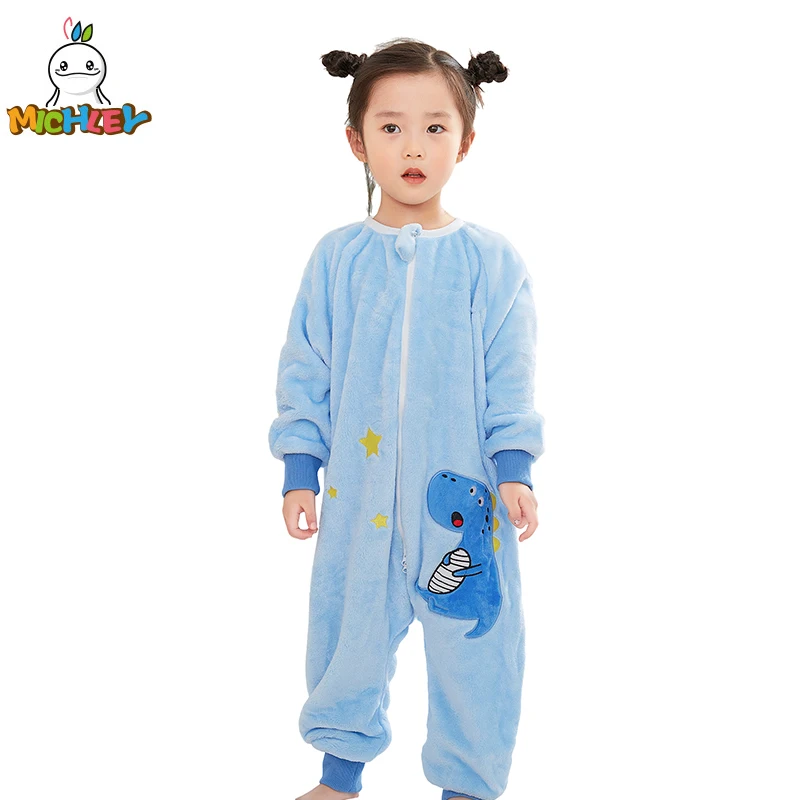 MICHLEY Blue Dinosaur Flannel Baby Kid Sleeping Bag Winter Sleepwear Cute Cartoon Bodysuit Sleepsack Pajamas With Feet Boys Girl