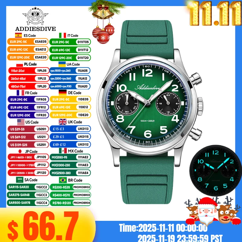 

ADDIESDIVE TOP Men‘s Watch Bubble Mirror Glass 316L Steel AD2516 Blue Luminous 10Bar Waterproof Chronograph VK64 Quartz Watch