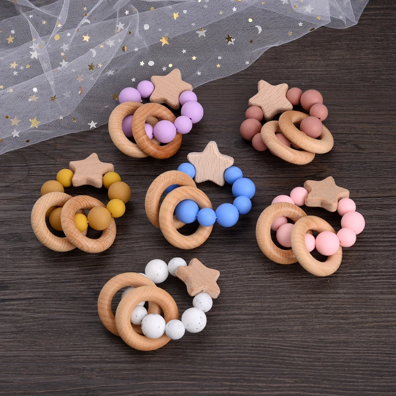 Baby Wooden Teether Bracelets Beech Wood Pentagram Crafts Ring Baby Silicone Beads Rattles Teething Ring Infant Nursing Toy