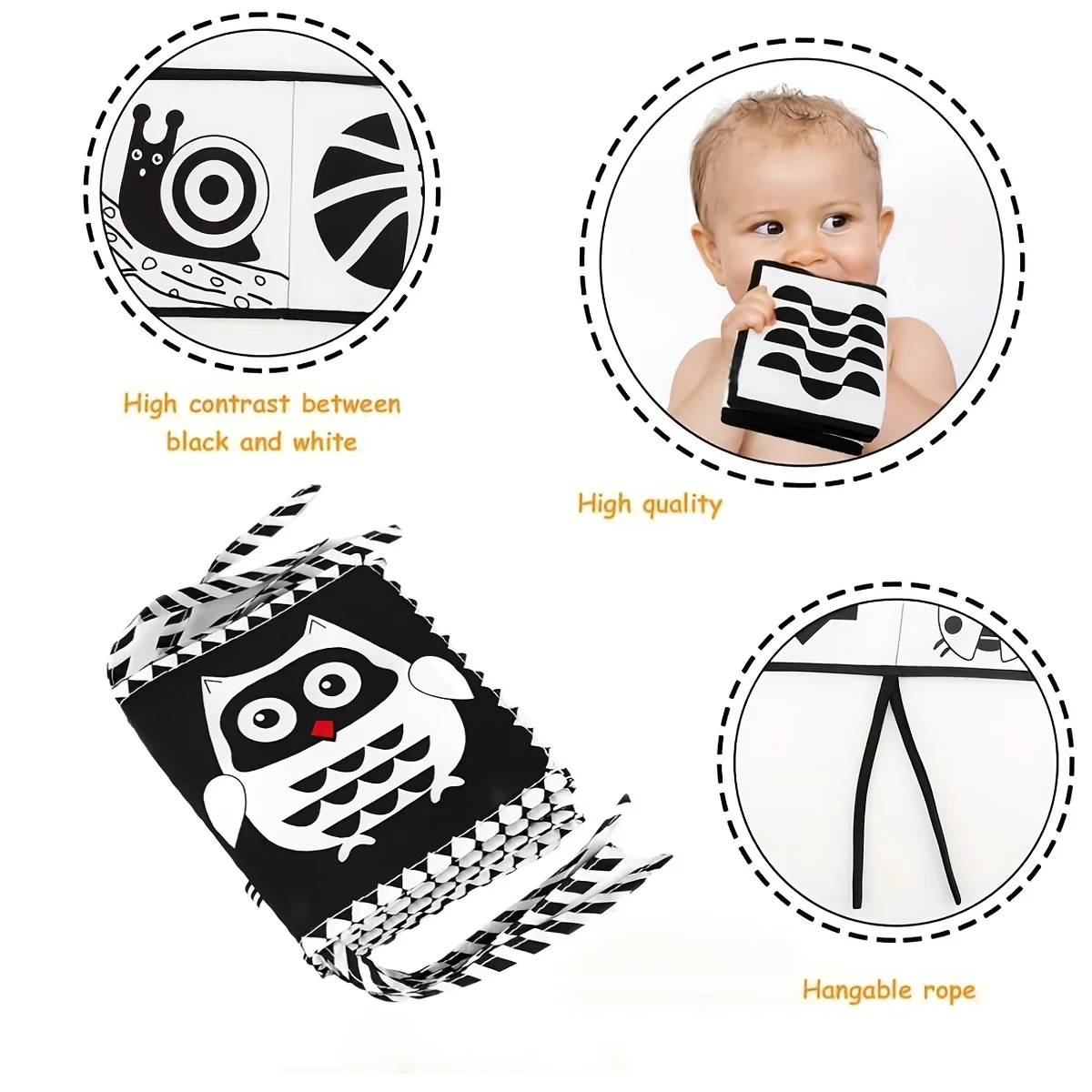Czarne i białe zabawki dla niemowląt o wysokim kontrastie, miękka książeczka dla noworodka, zabawki sensoryczne, książeczka z materiału do stymulacji wzrokowej.