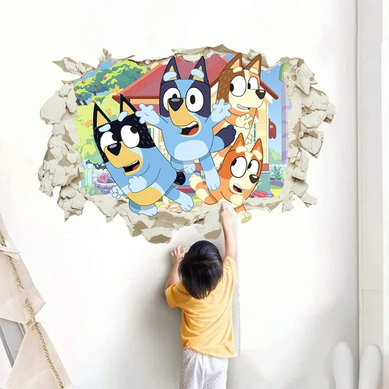 New Bluey Cartoon Anime Children\'s Wall Sticker Self-adhesive Broken Wall Sticker PVC Poster Bedroom Room 3D Wall Decoration