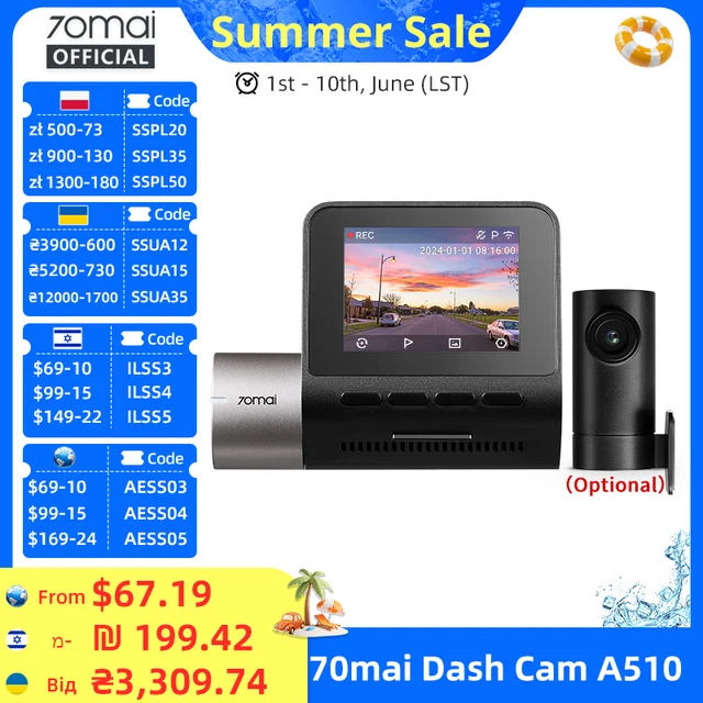 Kamera samochodowa 70mai Dash Cam A510 1944P 3K HDR z wbudowanym GPS, obsługą ADAS, 4G LTE, zdalnym sterowaniem, trybem parkowania 24H, rejestrator jazdy 70mai A510