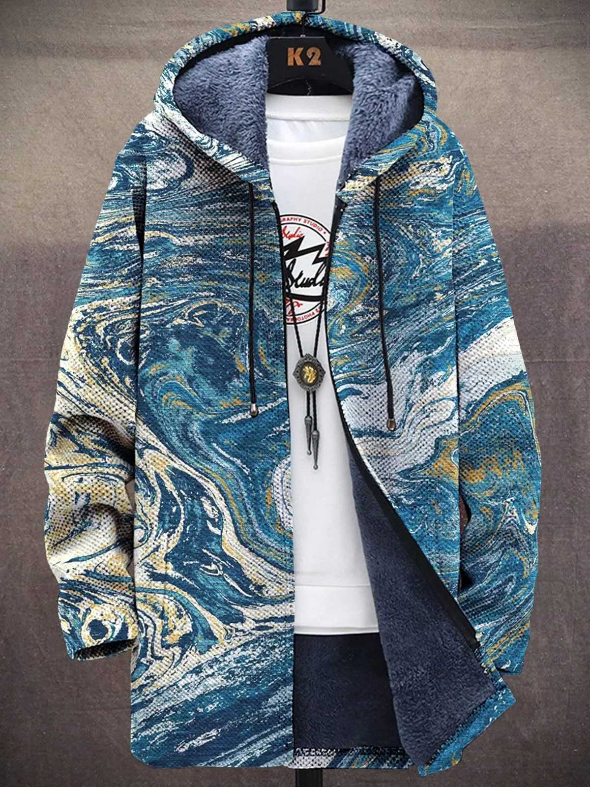 Unisex Plush Long-Sleeved Sweater Cardigan Coat with Fleece Lining Ocean Currents Print Thick Warm Hoodie for All Seasons