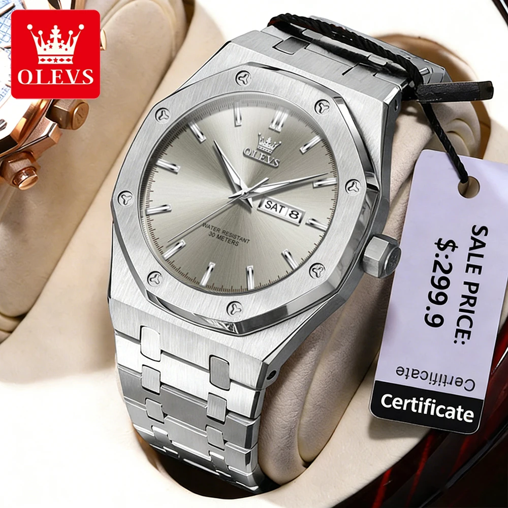 OLEVS Men's Watches Luxury Fashion Fine Steel Octagonal Dial Original Quartz Wristwatch for Man Waterproof Luminous Date Week