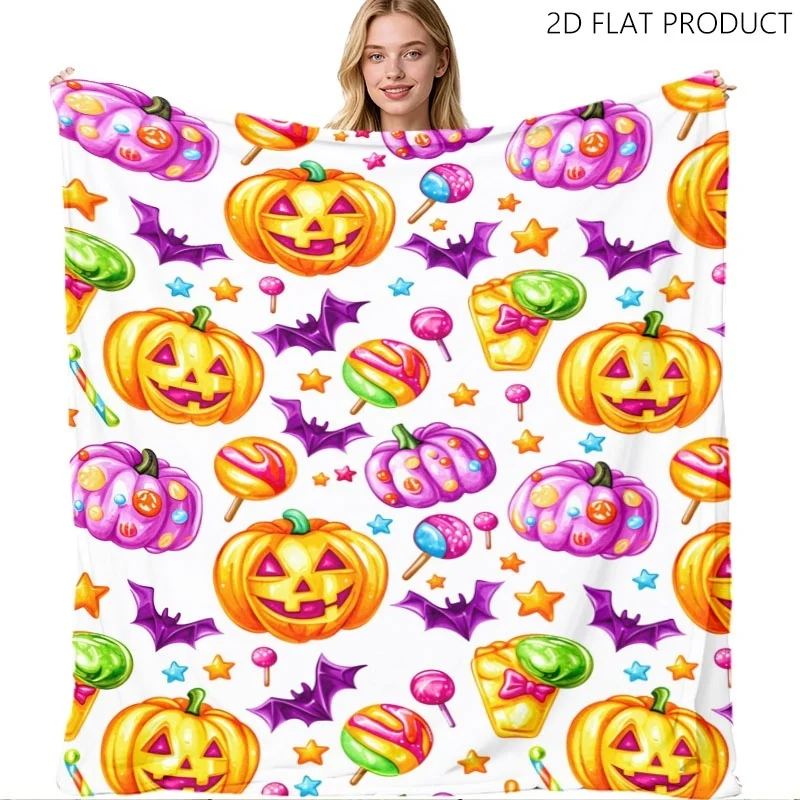 Cartoon Pumpkin Bat Candy Lollipop Halloween Throw Blanket,White Background Festive Print Soft Couch Bed Cover Blanket