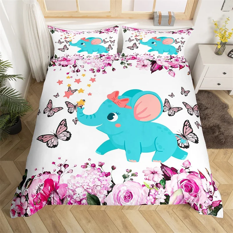 

Kawaii Elephant Duvet Cover Twin Cartoon Animal Bedding Set Floral Comforter Cover Microfiber Butterfly Bed Sets For Boys Girls