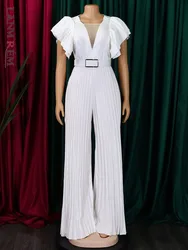 LANMREM Office Lady Jumpsuit For Women Ruffles Sleeveless Belt Gathered Waist Pleated Clothing Fashion 2024 Summer New 32C1112