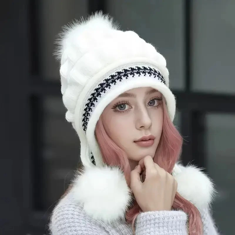 Winter Knit Hat Without Gloves Set with Ear Flaps - Cozy Fleece-Lined, Thickened Warmth for Outdoor Cycling