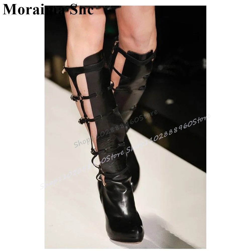 여성용 무릎 높이 블랙 버클 스트랩 네트 샌들 부츠, 얇은 하이힐 신발, 사이드 지퍼, 뾰족한 토 2025, Zapatos Para Mujere