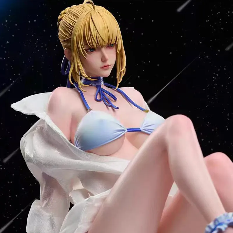 

New Swimsuit Saber Artoria Gk Sitting Figure Anime Decorative Ornament Two Dimensional Beautiful Girl Model Collectible For