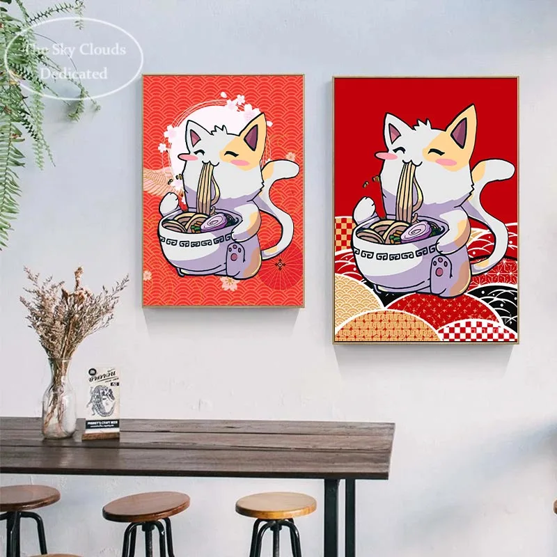 Cute Cat Eating Noodles Canvas Painting Poster HD Printing Japanese Style Wall Art Pictures Living Room Bedroom Home Decoration