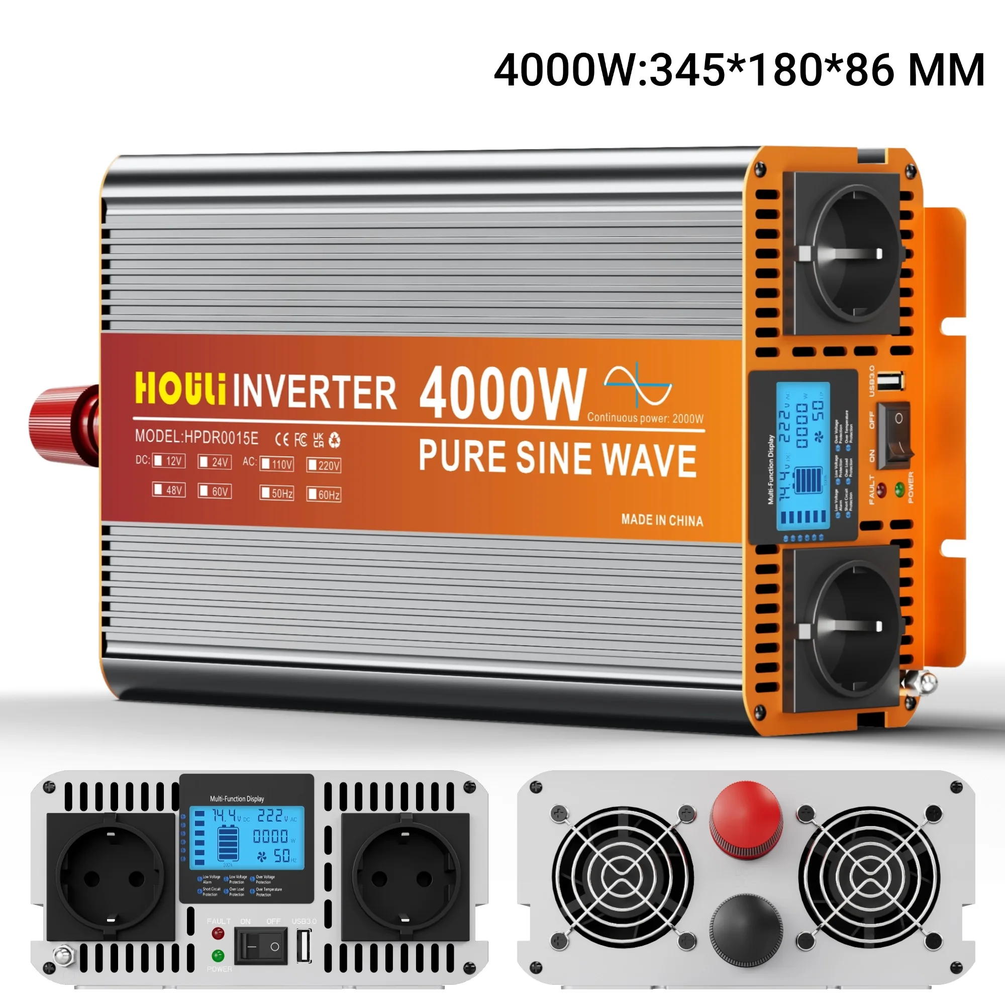 HOULI Przetwornica Samochodowa 12V 230V Czysty Sinus, Falownik 12V na 230V 3000W-7000W Czystej Fali Sinusoidalnej