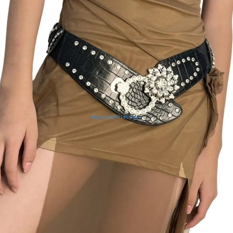 

P88B Luxurious Wide Waist Belt Adjustable Elastic Girdle Feature Rhinestones