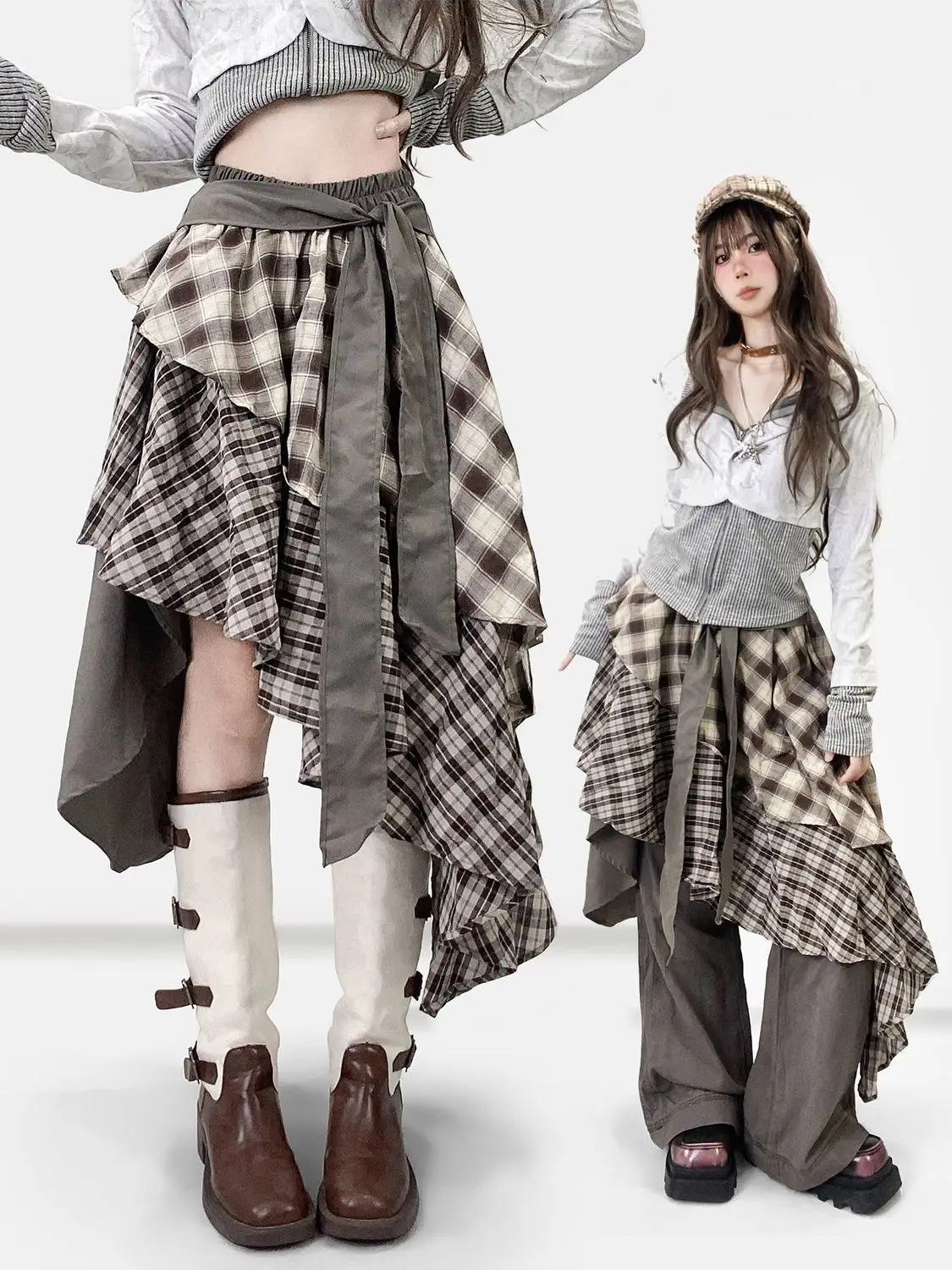 

Autumn Streetwear Sweet Elegant Skirt Chic Gothic Vintage Plaid Skirt Hot Girls Irregular Design Korean Fashion Skirt Woman