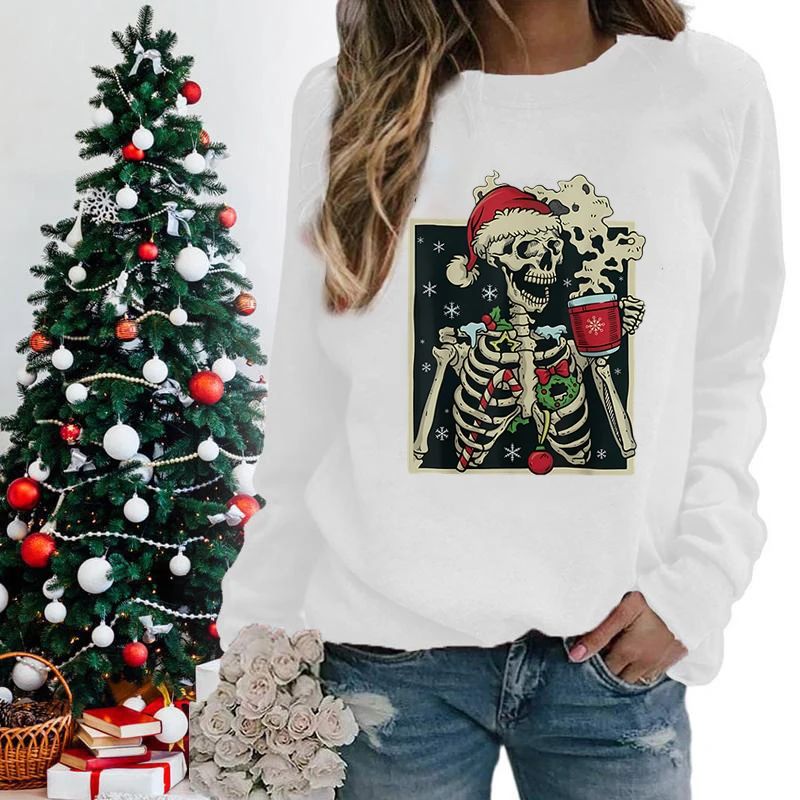 Funny Christmas Skeleton Print Sweatshirt For Women Fashion Christmas Coffee Casual Crew Neck Graphic Sarcastic Sweatshirt