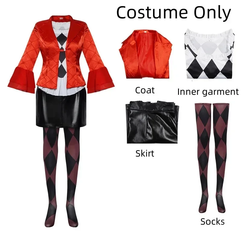 Costume ultraviolet Cosplay pour femme, film Joker, chemise Harley Parka, jupe, veste rouge, manteau, fête d'Halloween