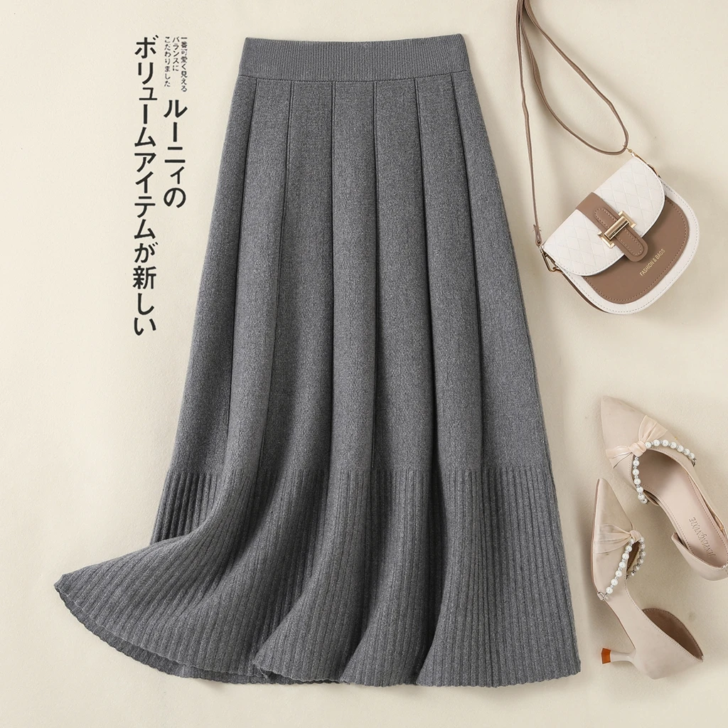 

Осень-зима женская трикотажная плиссированная юбка повседневная эластичная длинная юбка-миди трапециевидной формы с высокой талией однотонная 2025