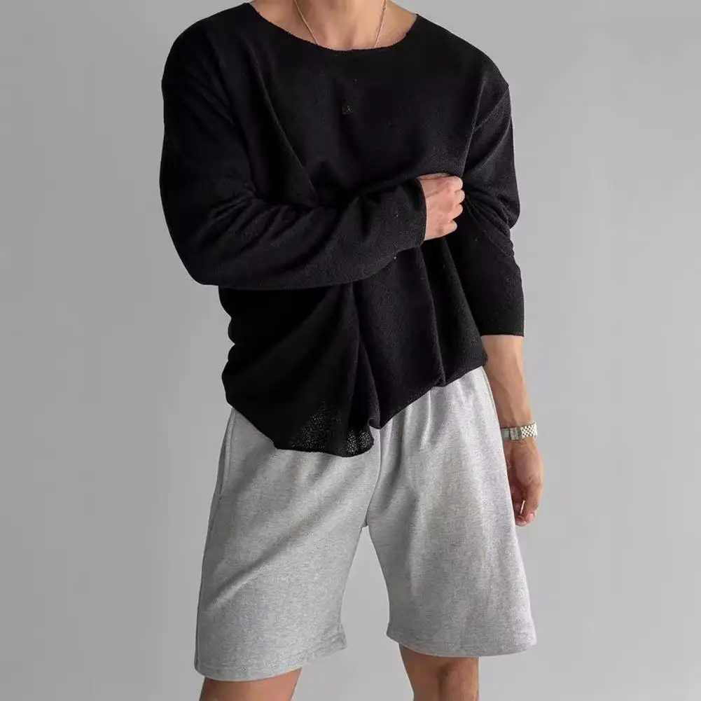 

Long-sleeved Top Men's Hollow Out Solid Color Sweatshirt for Hip Hop Streetwear Loose Fit Long Sleeve Pullover for Spring Autumn