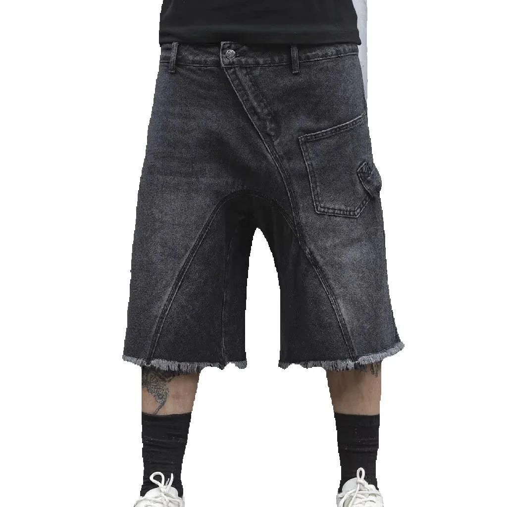 Men's Deconstructed Asymmetric Denim Shorts, Dark Washed Jorts, Raw Fringe Hem, Big Cargo Pocket, Loose Drop Crotch Knee Length