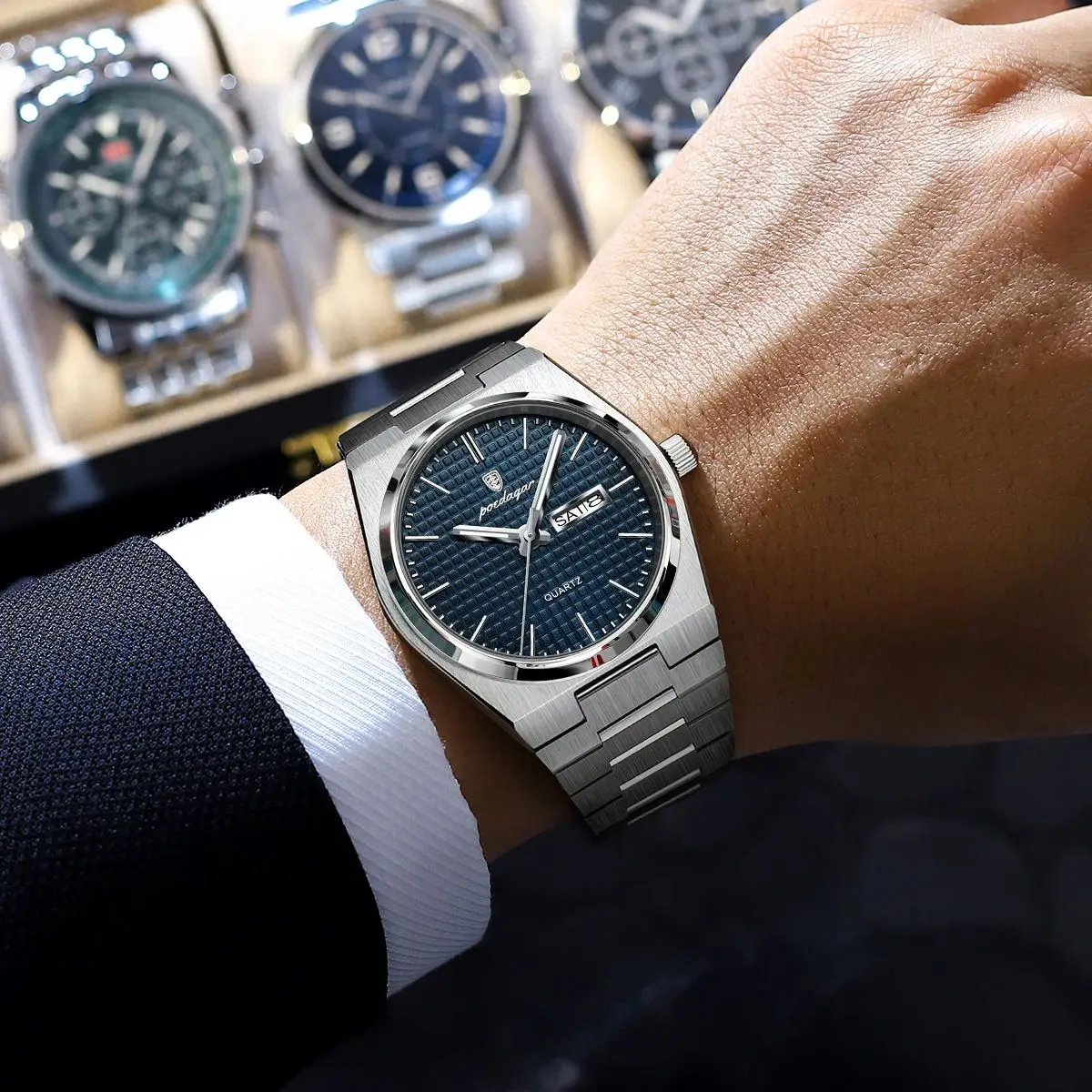 POEDAGAR الفاخرة رجال الأعمال ساعات كوارتز تاريخ الأسبوع رجل الفولاذ المقاوم للصدأ ساعة مقاوم للماء مضيئة موضة الرجال ساعة اليد + صندوق