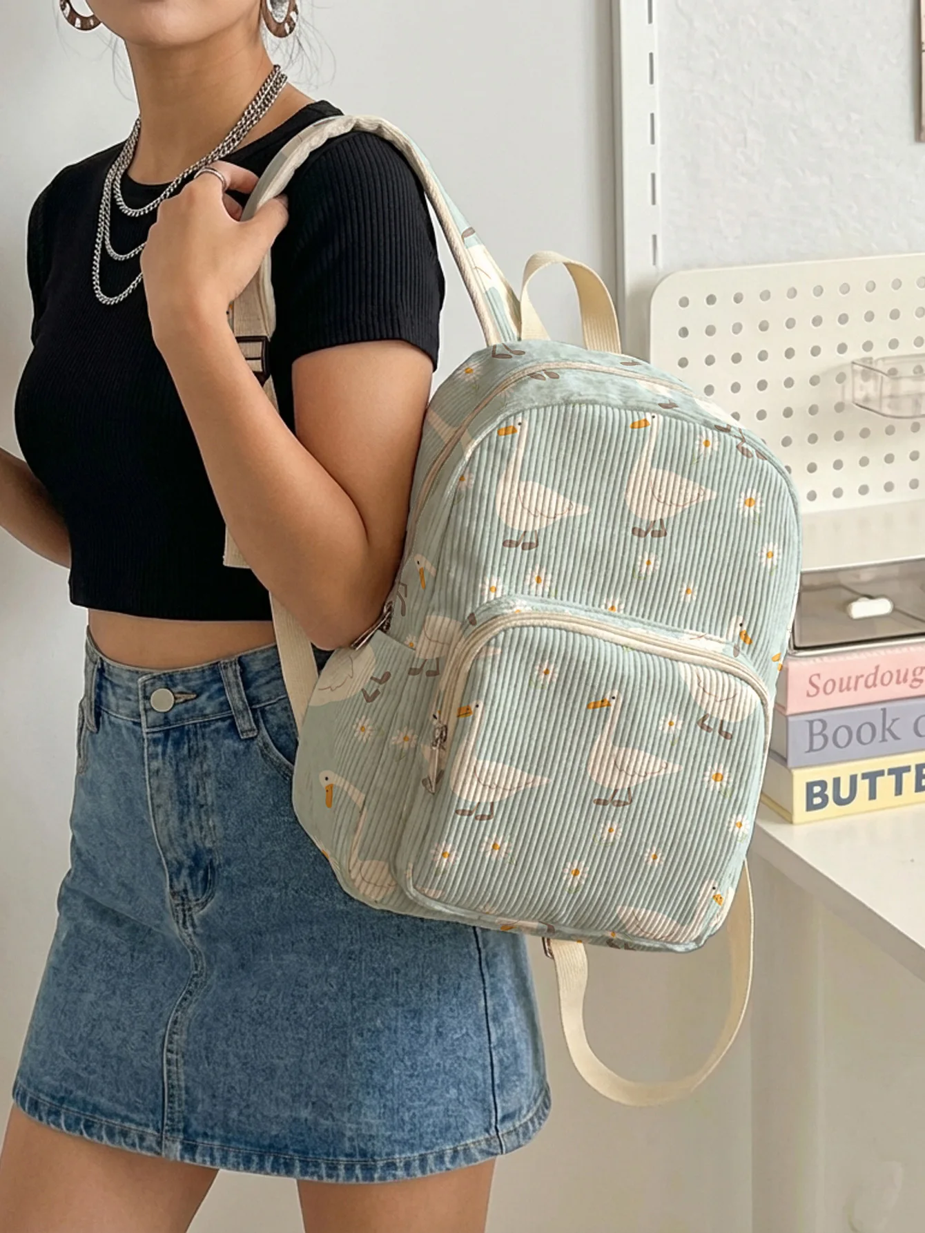 Cute Goose & Daisy Floral Print Women Fashion Backpack Corduroy Multi-pocket Large Capacity Commuter Bag