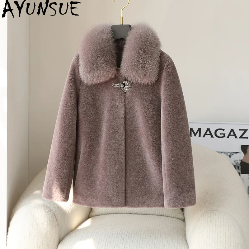 

AYUNSUE 100% Wool Fur Coat Women 2025 Winter Clothes Fox Fur Collar Sheep Shearing Coats Woman Composite Fur Пальто Женское