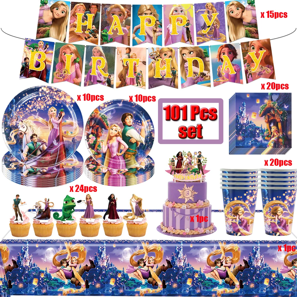 Disney Tangled Princess Birthday Party Decor Cinderella Cups Plates Balloons Disposable Tableware Set Girls Baby Shower Supplies