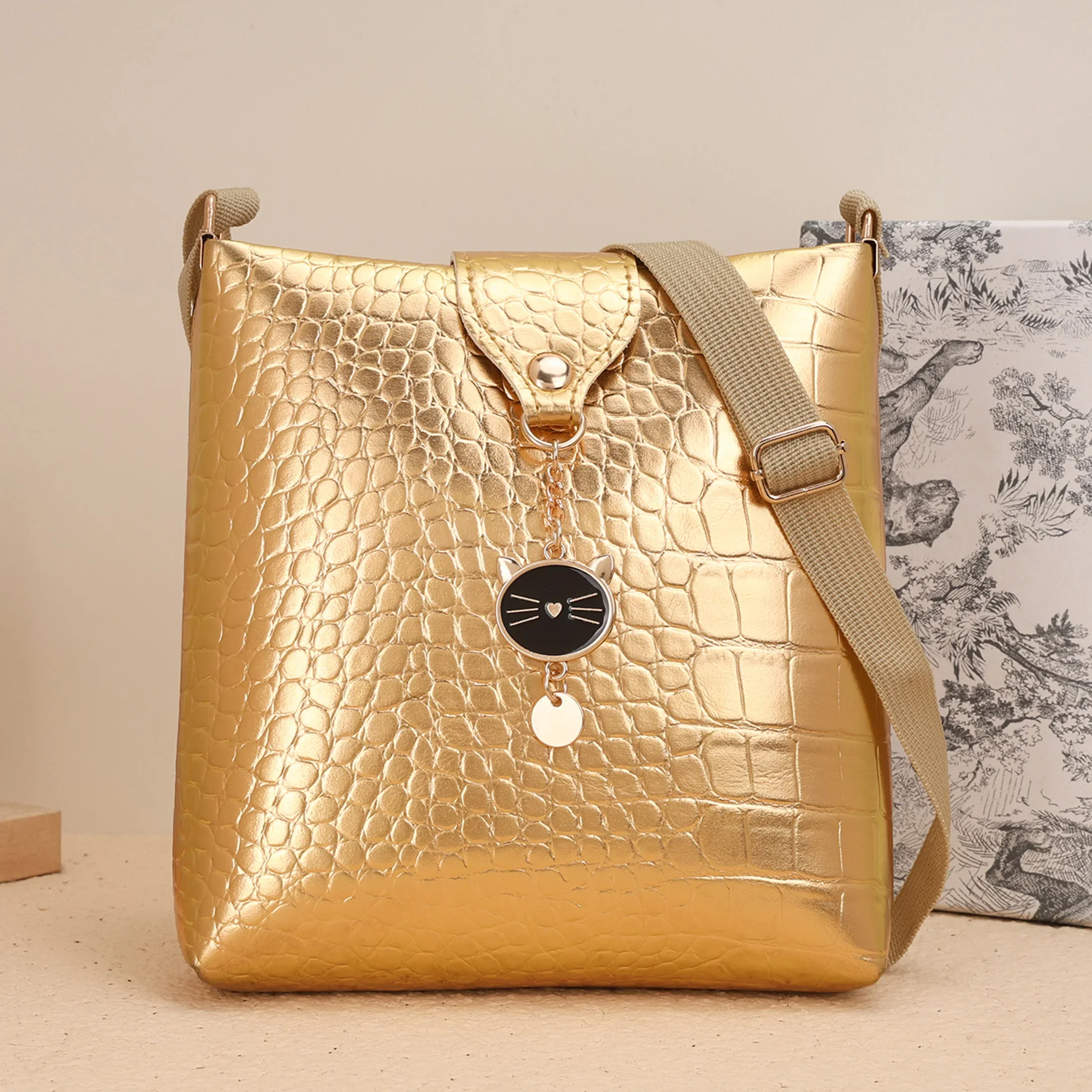 

New trendy crocodile patterned bucket bag single shoulder diagonal cross women's small bag retro fashion large capacity women's