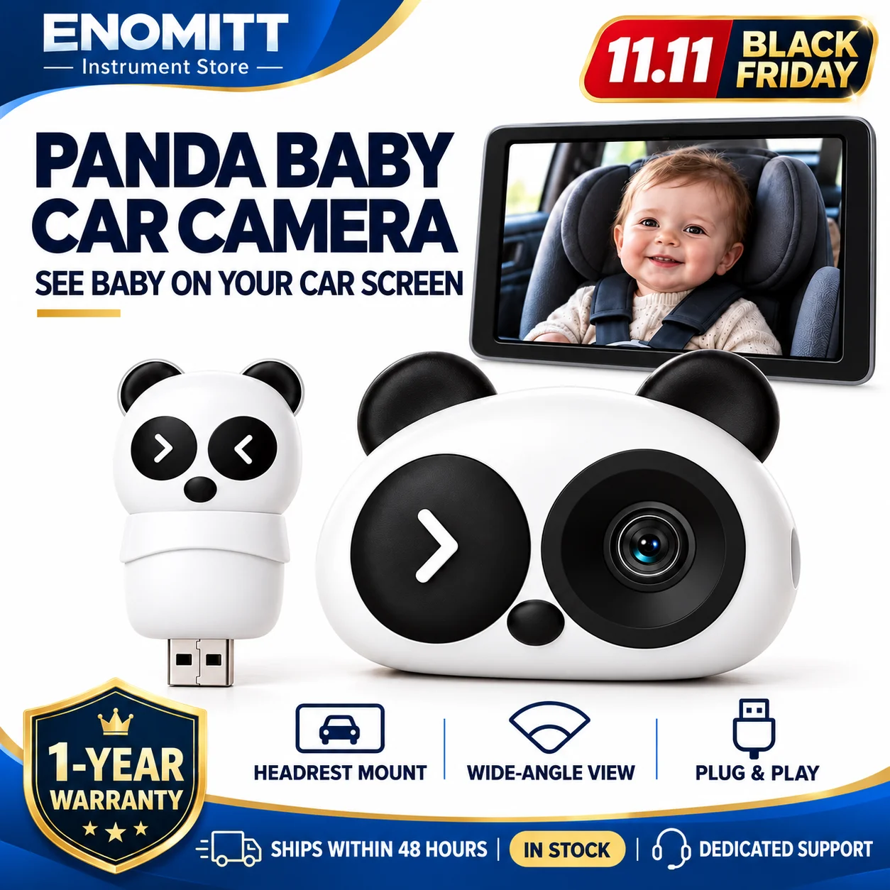 Baby Car Camera Wireless CarPlay Adapter 1080P HD Rear Seat Infant Monitor Night Vision Wide Angle Headrest Mount Plug Play
