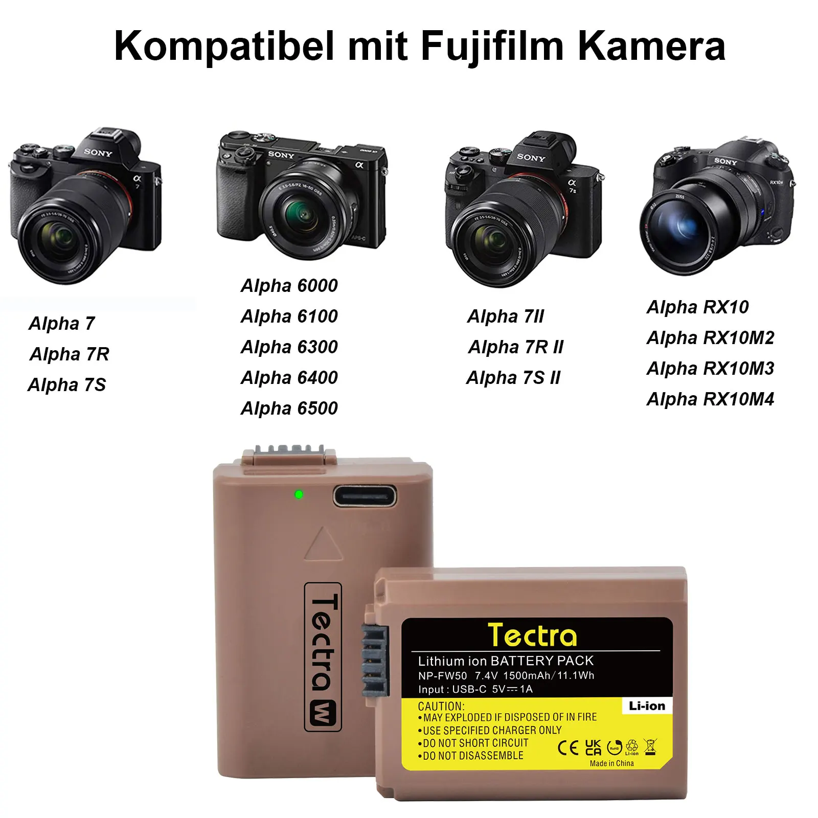 NP-FW50 1500mAh Battery with Type-C Charging Port for Sony ZV-E10 A6000 A6300 A6400 A6500 A7 A7II A7R A7S RX100 Digital Cameras