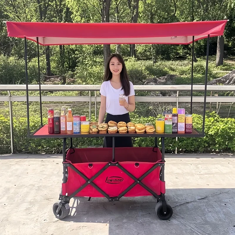 Red Folding Mobile Stall Cart with Lifting Egg Roll Table and Awning for Night Market Outdoor Vending
