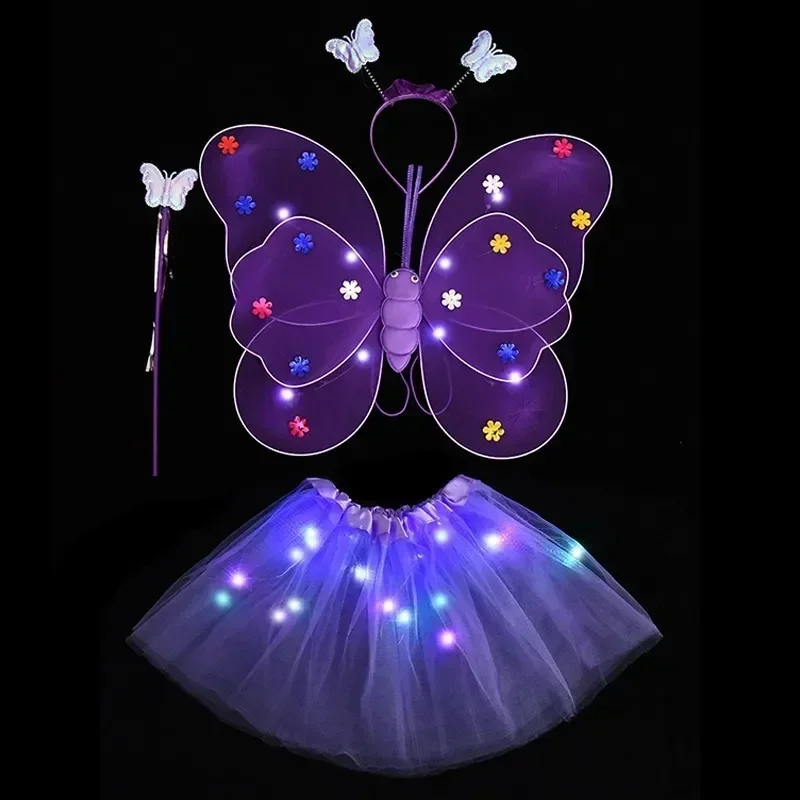 2-6year LED Children Costume Props Girls Skirts Angel Luminous Wing Flashing Butterfly Skirt Lights Suit Princess Dress Costumes