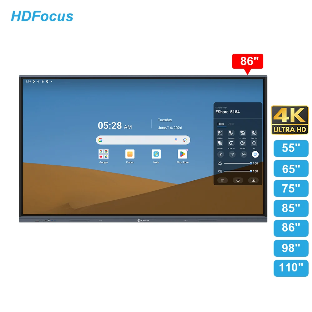 65 75 85 98 Inch Interactive Whiteboard 4K Smart Board Dual OS Touch Screen All In One Display For Meeting Room & Training