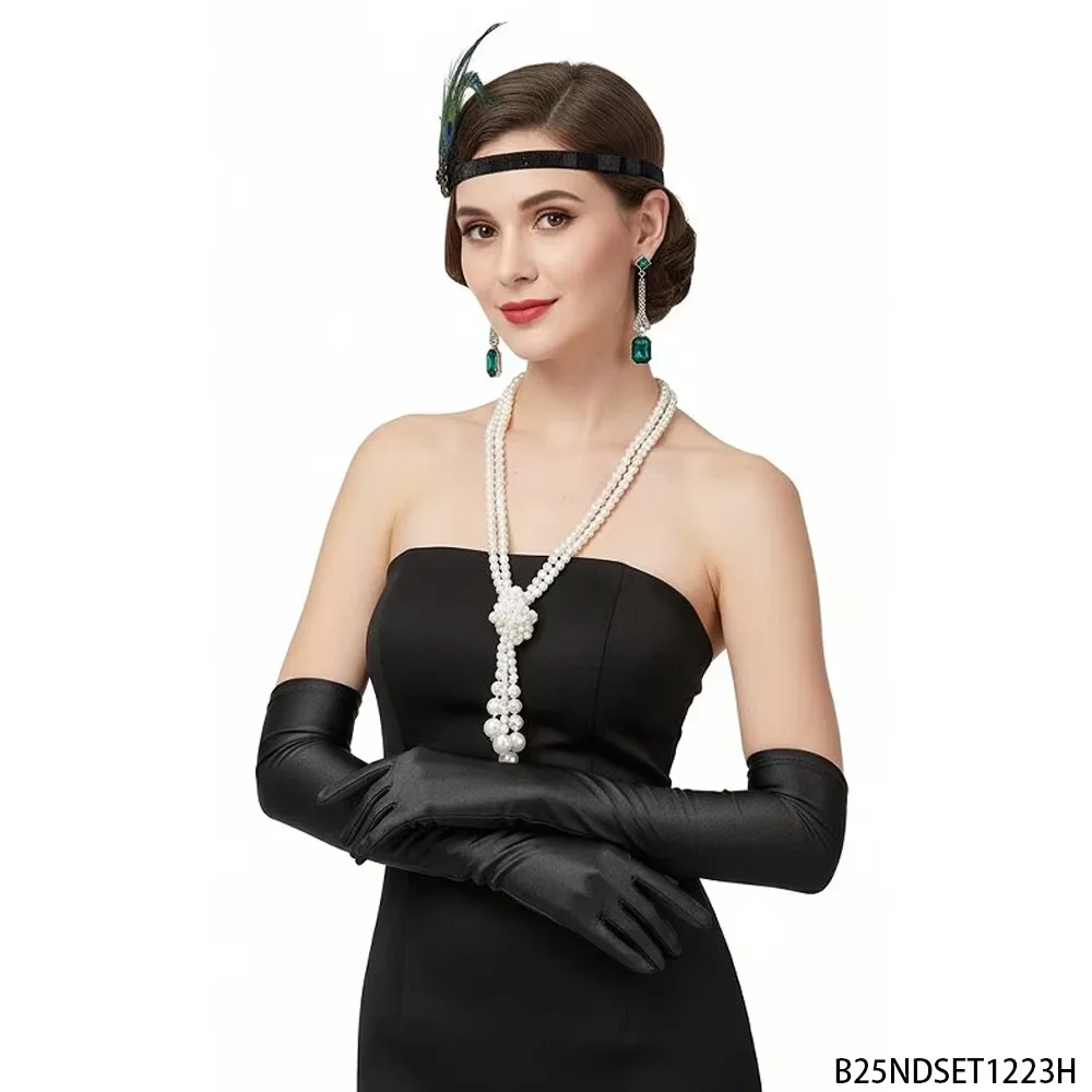 

PESENAR 1920-е годы комплект аксессуаров с павлиньими перьями-повязка на голову, серьги, ожерелье, перчатки, 4 предмета, винтажный стиль, женские модные аксессуары